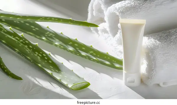 Aloe Vera Plant with Cream Tube and White Towel