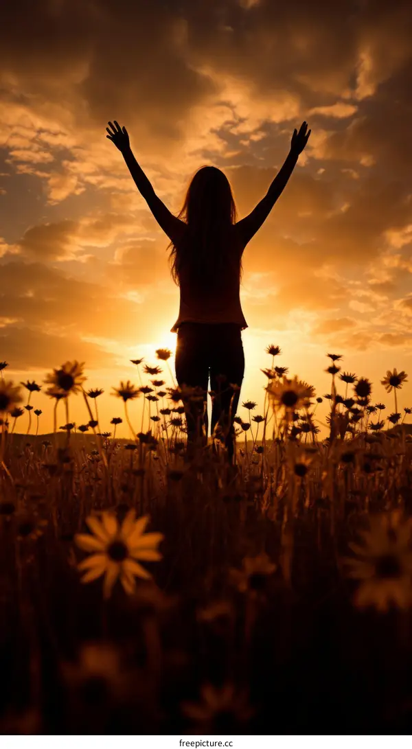 Young woman standing with arms raised in a field of flowers at sunset