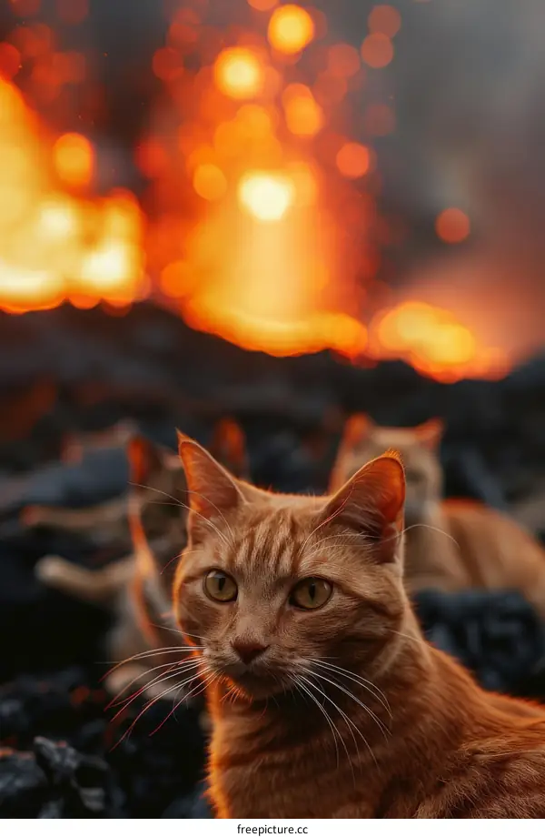 Orange Cat Witnessing Volcanic Eruption