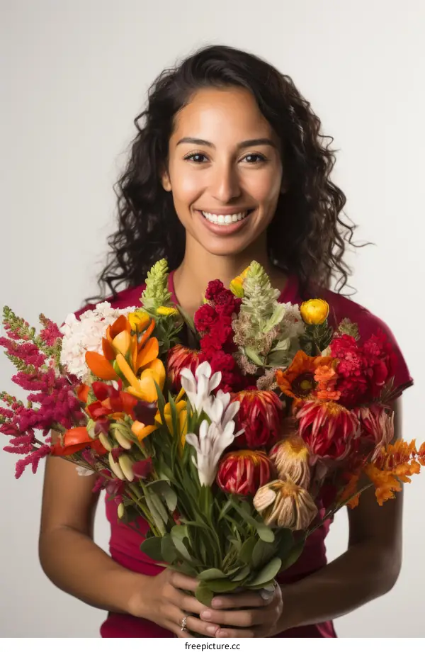 Portrait of a smiling young woman holding a bouquet of flowers