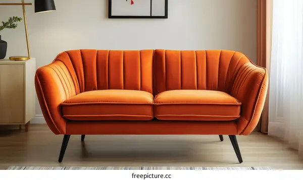 Modern Orange Velvet Loveseat in a Living Room Setting