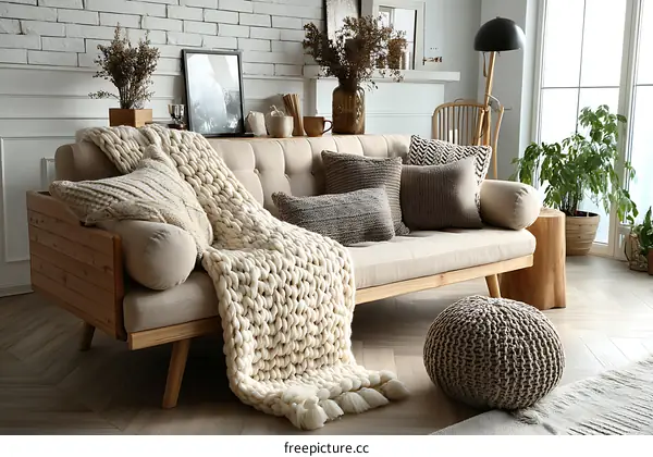 Cozy Modern Living Room with Knitted Throws and Pillows