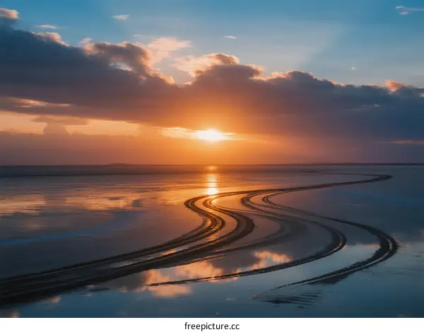 Beautiful sunset over a calm water surface with winding reflections