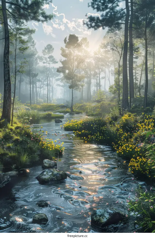 Sunlight streaming through a lush forest