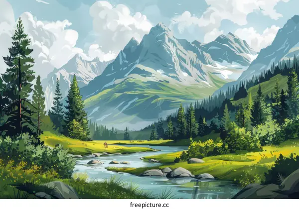 Serene Mountain Landscape with River and Trees