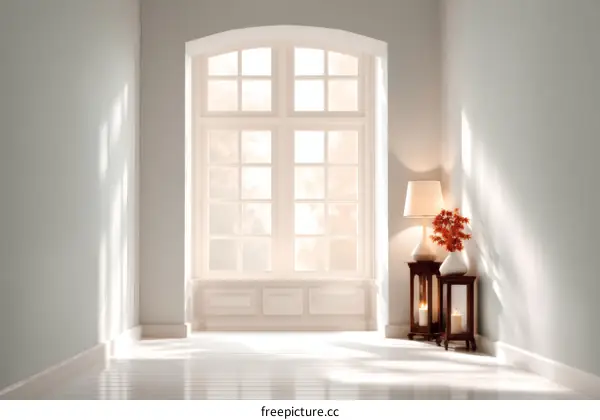 A sunlit interior room with a large window