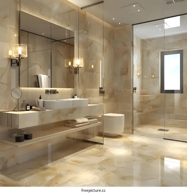 Modern bathroom interior with beige marble tiles