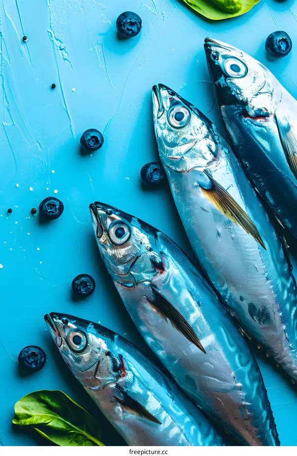 Fresh fish on a blue background with blueberries and spinach