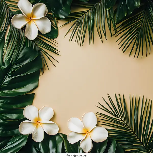 Tropical Leaves and Flowers on Beige Background