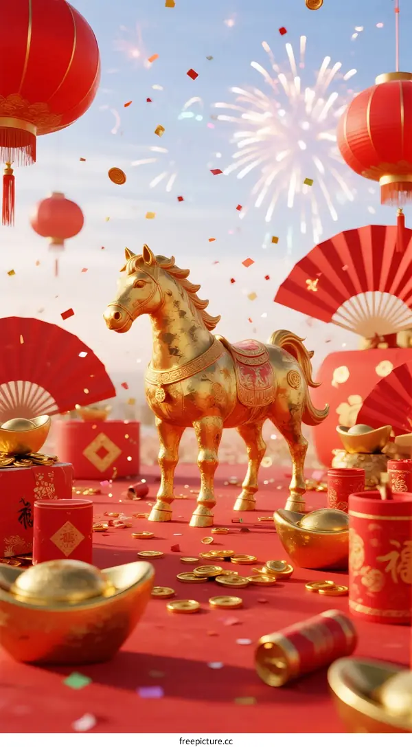 Golden Horse Decoration with Red Lanterns and Fireworks for Chinese New Year