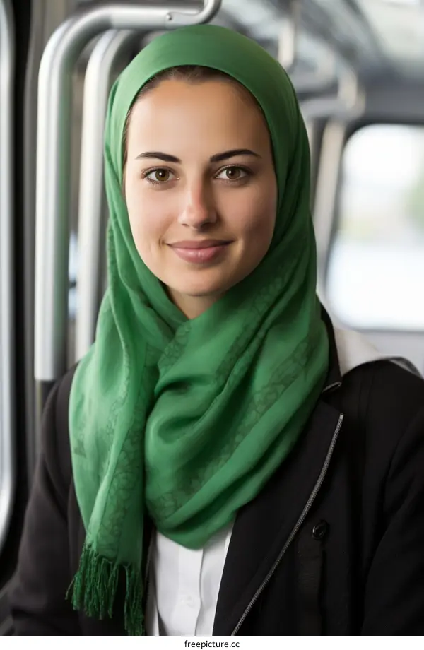 A young woman wearing a green hijab smiles at the camera