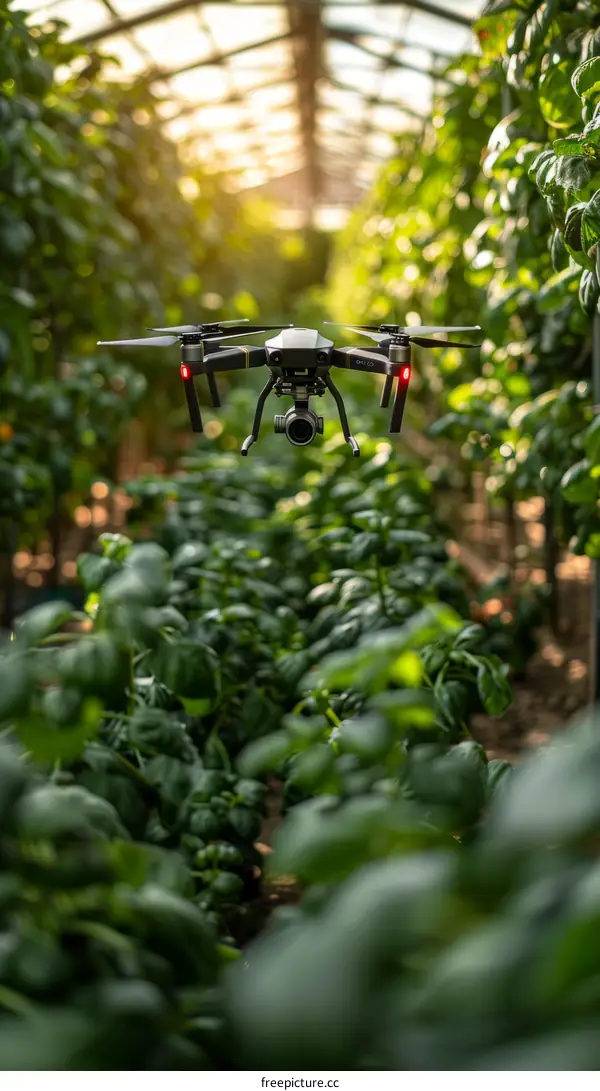 A drone is flying over a lush green field of basil plants in a greenhouse.