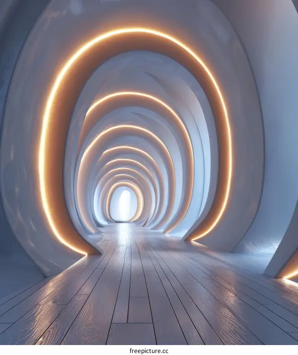 Futuristic tunnel with glowing rings and wooden floor