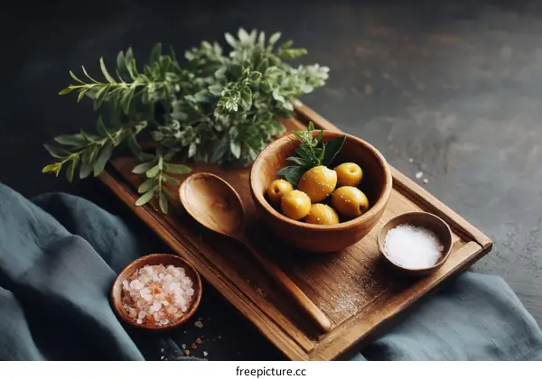 Wooden Tray with Olives, Herbs, and Salt