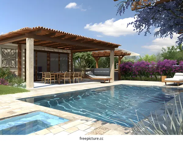 Modern Swimming Pool Design with Pergola and Patio