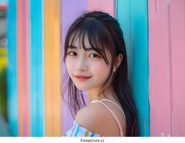 Portrait of a Young Asian Woman Against a Colorful Wall