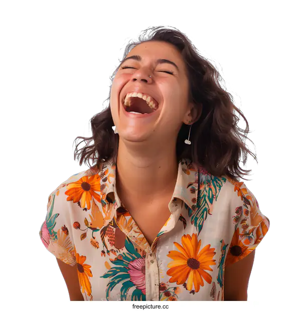 [Transparent Background PNG]Woman with Brown Hair Laughing and Wearing a Floral Shirt