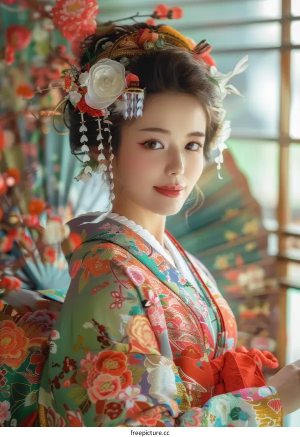 Portrait of a beautiful Japanese woman in traditional kimono