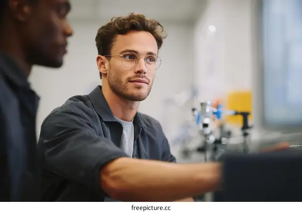Two Students Discussing in a Laboratory
