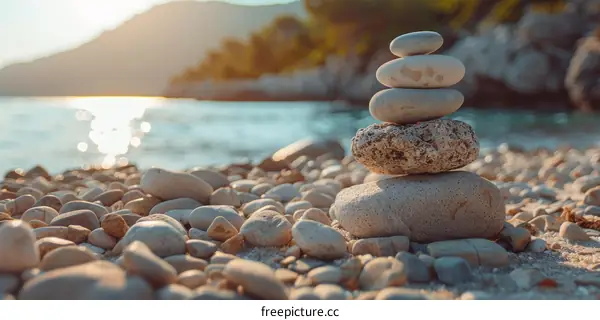 Stones Stacked on Beach with Sea Background