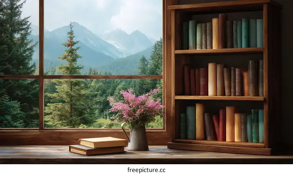 Cozy Mountain View from a Window with Bookshelf