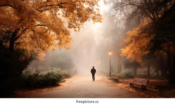 Autumn Foggy Park Path with a Single Figure