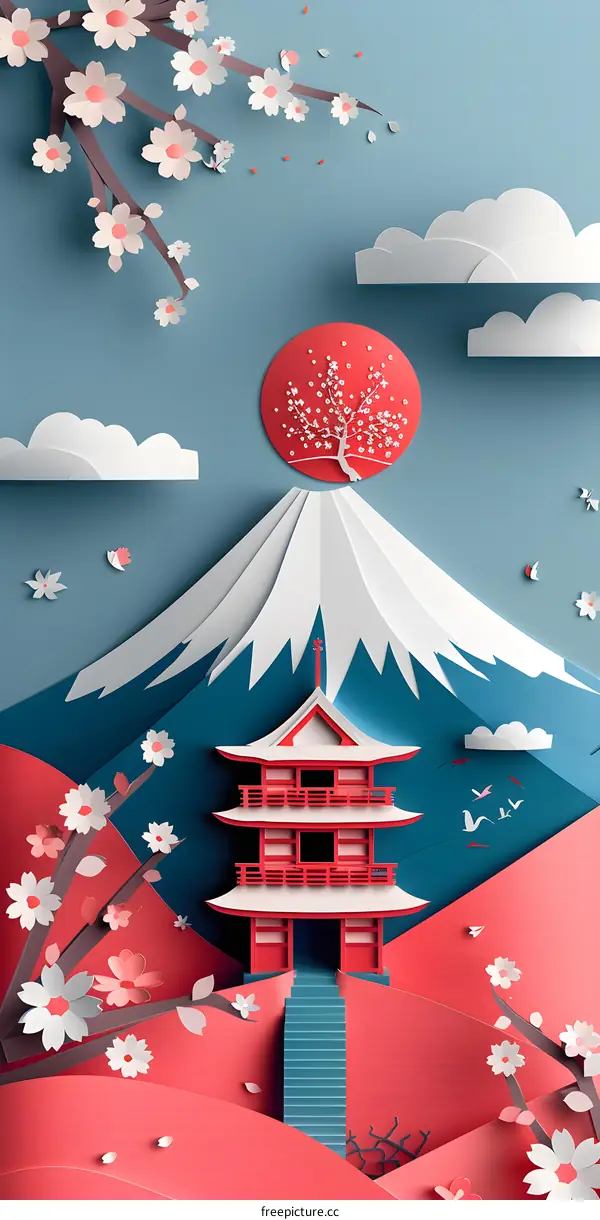 Paper Cutout of Mount Fuji and Cherry Blossoms