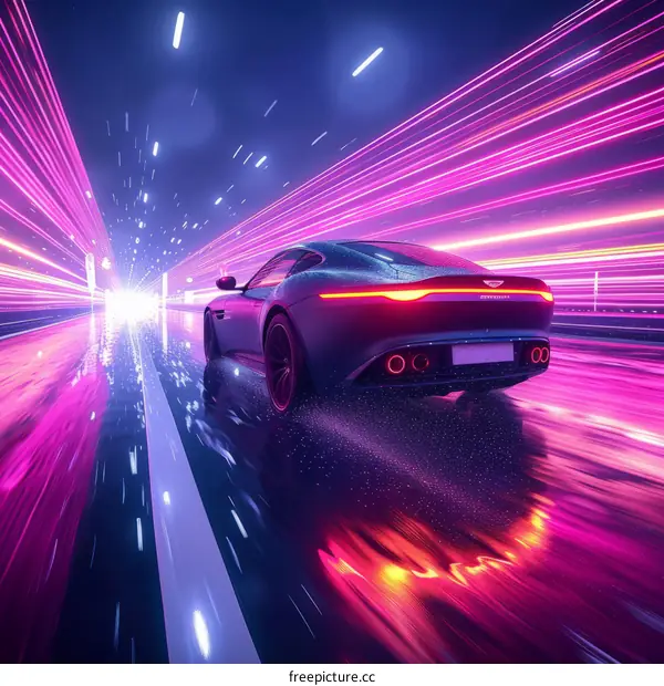 A purple sports car streaks through a tunnel ablaze with pink and blue neon lights, leaving a vibrant trail in its wake.