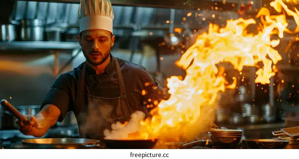 Focused male chef cooking with fire in kitchen