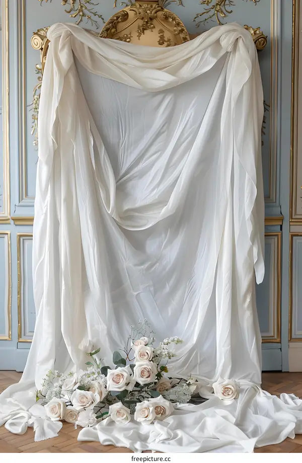 White Fabric Draped Over Ornate Wall with Flowers