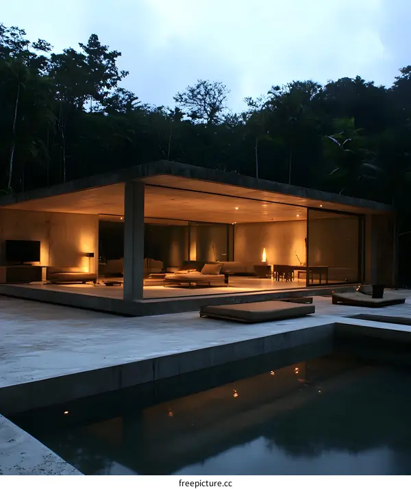 Modern Minimalist Concrete House with Swimming Pool and Lush Greenery