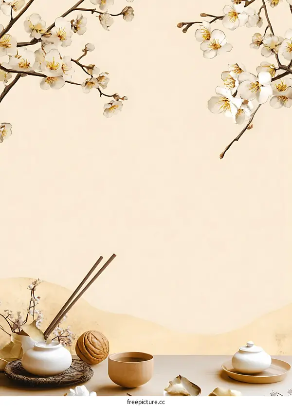 Simple Minimalist Tea Ceremony Illustration with Watercolor Flowers