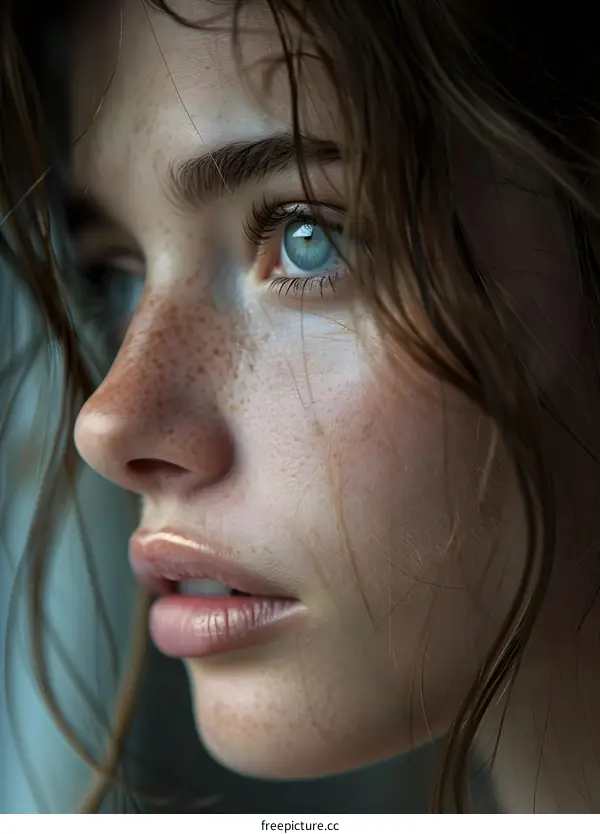 portrait of a young woman with freckles and blue eyes