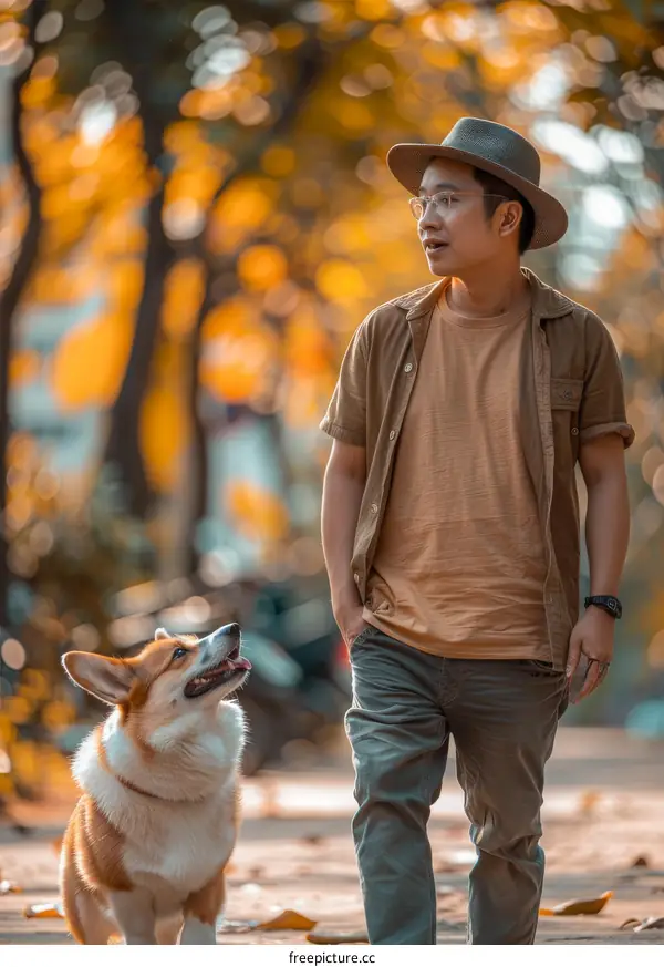 Man walking his dog in the park