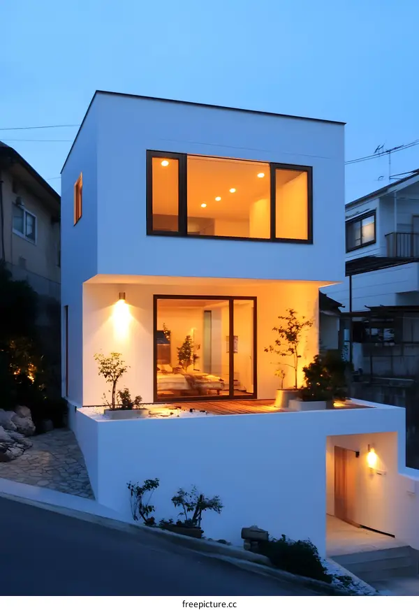 Modern White House with Large Windows and a Wooden Deck