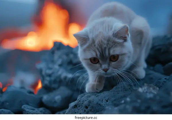 Cat near a lava flow