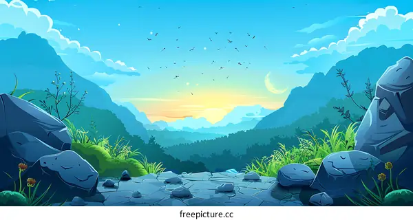 Sunrise Over Mountains Landscape Illustration