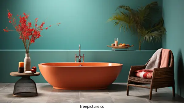 Bathroom interior with orange bathtub, green walls and wicker chair