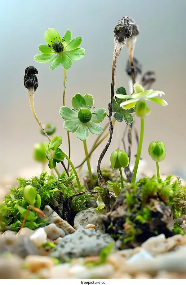 Tiny Green Flowers with Moss and Stone Background