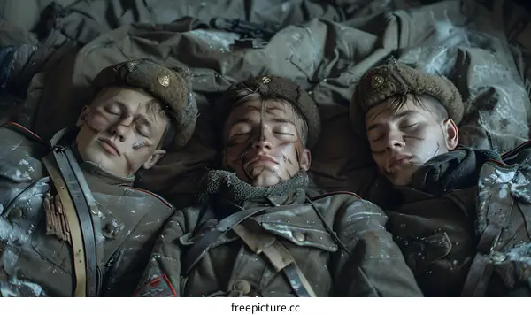 Three soldiers sleeping in a snowy foxhole