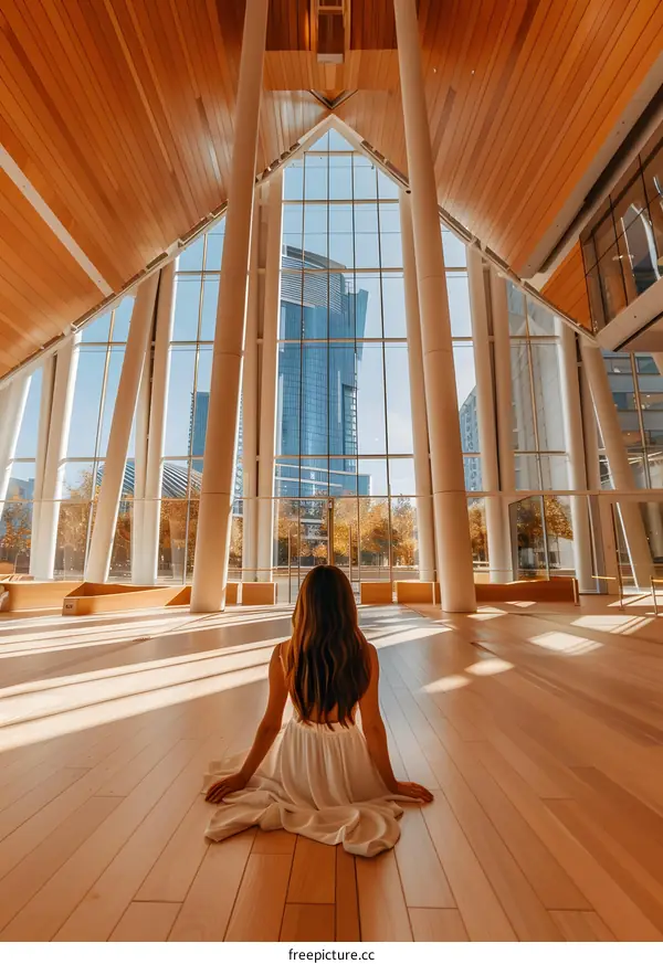 Woman in White Dress Sitting in Modern Building with Large Windows