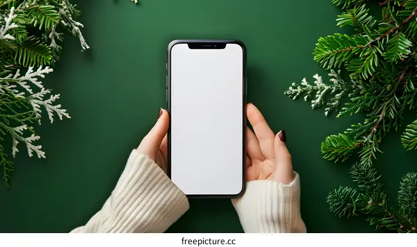 Woman Holding Smartphone with Blank Screen Christmas Background
