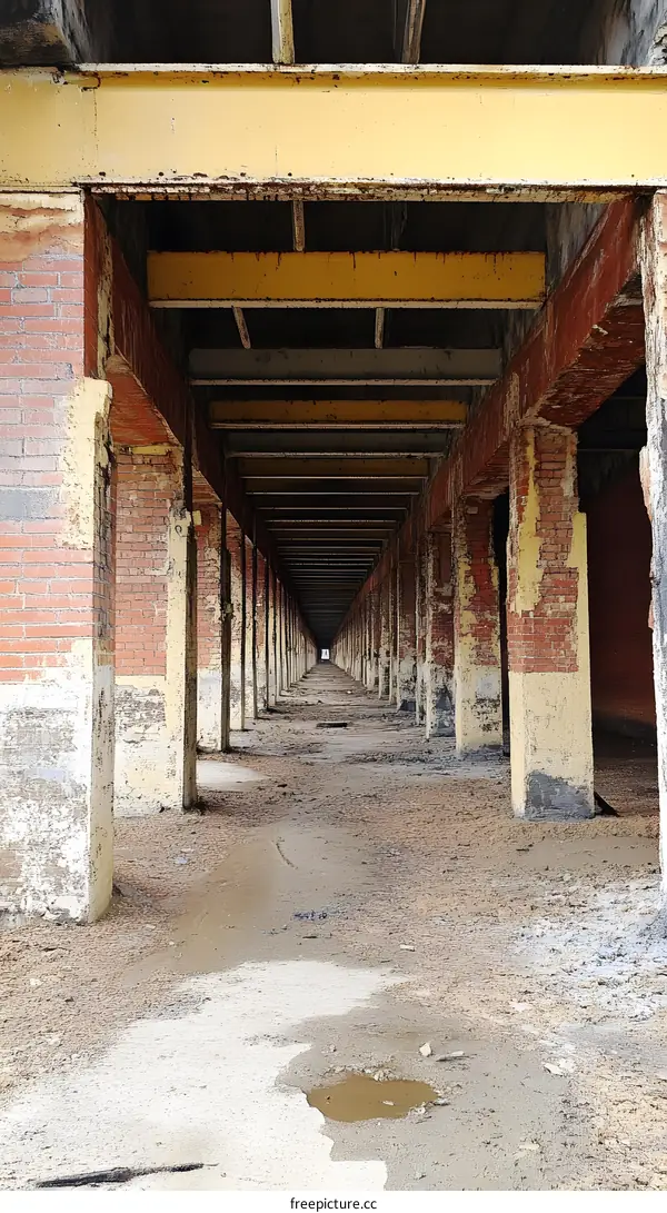 Perspective View of an Abandoned Brick Building with Yellow Beams
