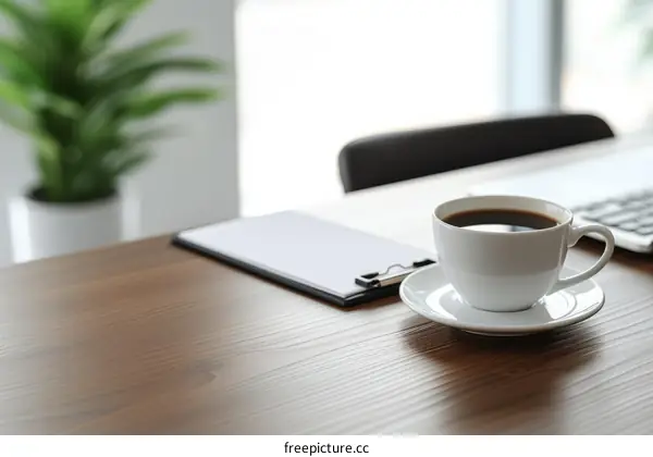 A cup of coffee on a desk near a plant