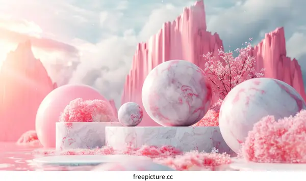 Pink Aesthetic 3D Scene with Marble Balls