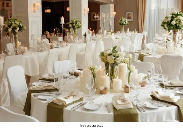 Elegant Wedding Reception Setting with White Tables and Olive Green Accents