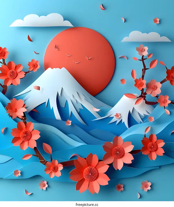 Paper Cutout of Mount Fuji and Cherry Blossoms
