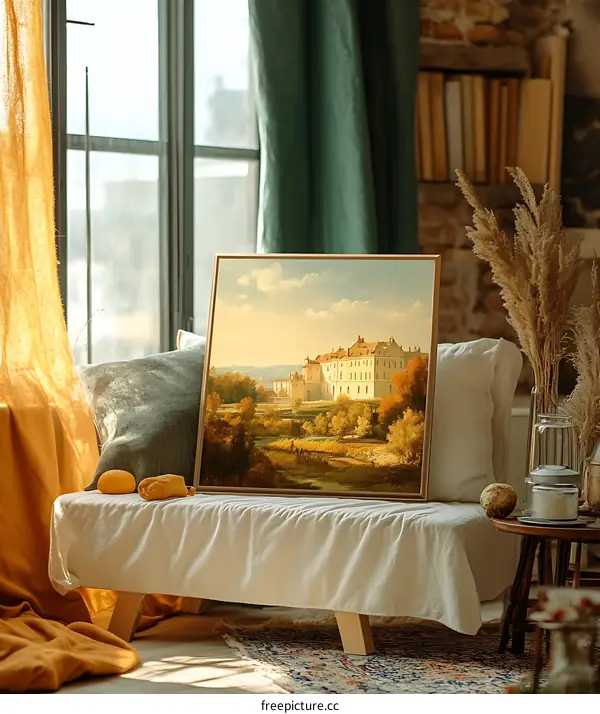 Framed Painting of a Castle in a Rural Setting