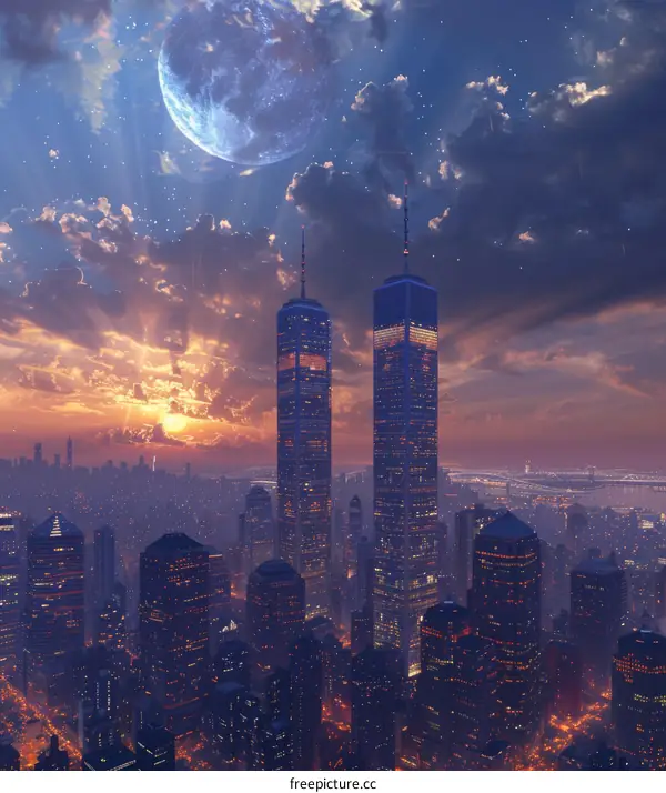 New York City Skyline at Dusk with Twin Towers