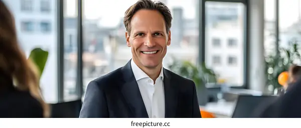 Smiling Businessman in a Modern Office Setting